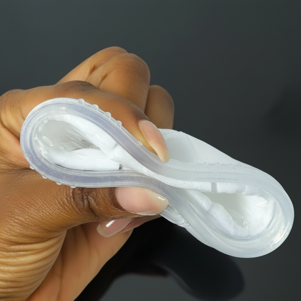 Hand holding a clear absorbent menstrual disc on a black background