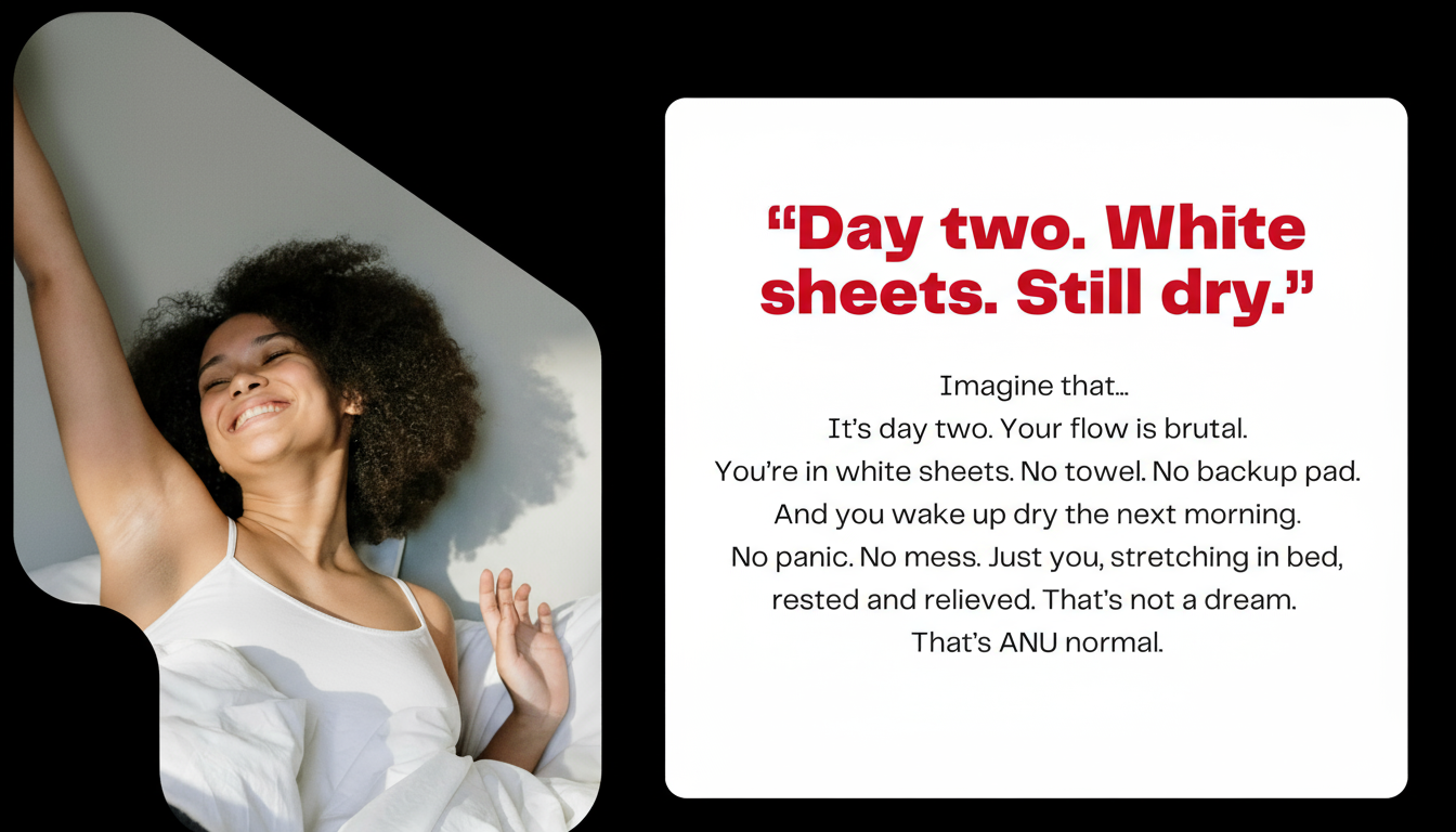 Woman stretching in bed with text about white sheets and ANU brand